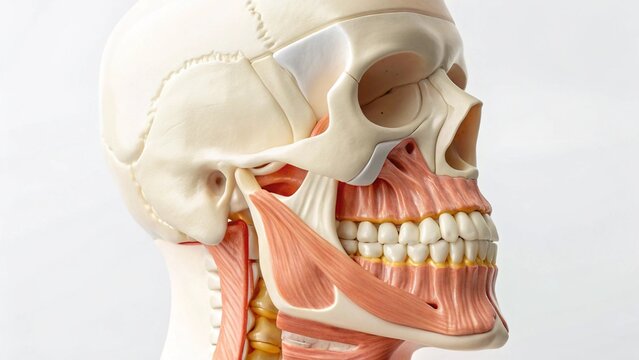 A detailed anatomical model of a human skull, mandible, and the associated masticatory muscles, clearly showing the temporomandibular joint (TMJ) and surrounding structures from a side view