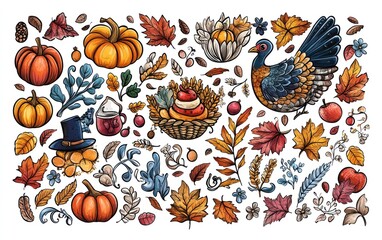 Autumnal Thanksgiving illustration. A collection of decorative elements, including pumpkins, leaves, a turkey, and fall-themed items