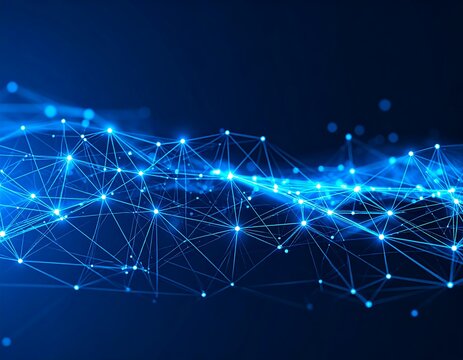 Abstract network of glowing points and lines. A wave of interconnected nodes