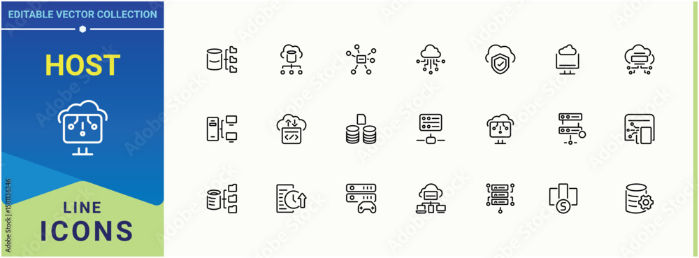Poster host icon. includes symbols for network, database, hosting, storage, cloud, compute, data and more. 