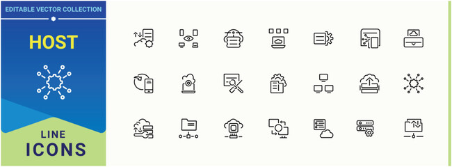 Host icon. Includes symbols for network, database, hosting, storage, cloud, compute, data and more. Server line icon set. UI icons set in a thin style. Editable stroke collections.