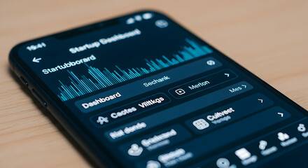 Close-up of a smartphone displaying a startup dashboard application interface design