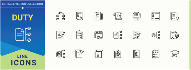 Duty line icon set. Contain linear symbols manage, workflow, list and more. Task icon set. Minimal icons set. Vector illustration. Pixel perfect.