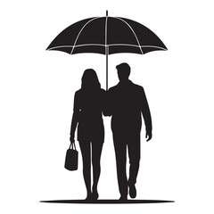 Vector art of a black silhouette of a couple walking under an umbrella isolated on white background
