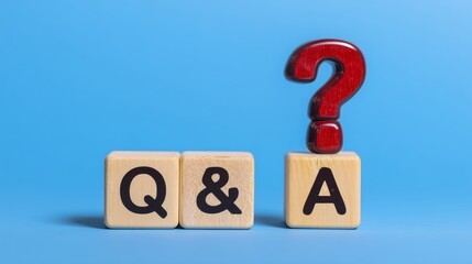 Q and A questions and answers symbol and question mark icon on wooden cubes isolated on a blue background, 