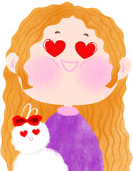 Girl and Her bunny doll with Heart Eyes in Love