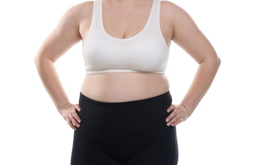 Weight loss. Plus size woman on white background, closeup