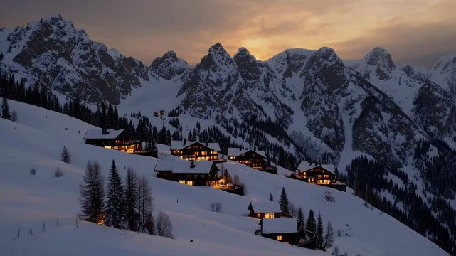 vertical format footage of a snowy ski resort at sunset with glowing golden light reflecting off mountain peaks and cozy village buildings nestled into the wintry landscape 