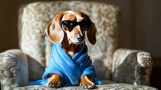 Cool dachshund wearing blue robe and sunglasses sitting upright on a patterned chair with soft natural light