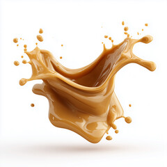 Caramel splashing and rotating on white background