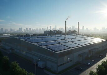 Industrial building with solar panels on the roof, against a backdrop of a city skyline under a bright sky.
