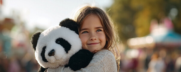 A sweet little girl lovingly hugs a plush panda bear, gazing upwards with a happy smile. Represents childhood, innocence, and the joy of simple pleasures. Perfect for heartwarming family content.
