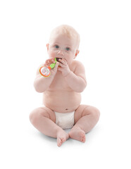Cute little baby with rattle on white background