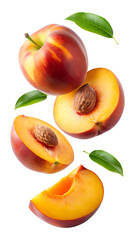 Fresh peaches with leaves and sliced halves floating in the air isolated on transparent white background, clipping path