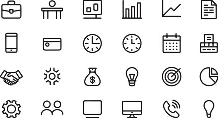 Minimal Bold Business Icon Pack. 24 Clean Line Icons for Finance, Office, Planning, UI, Strategy, Communication, Marketing, Target, Analysis, Development, Report, and Productivity Use