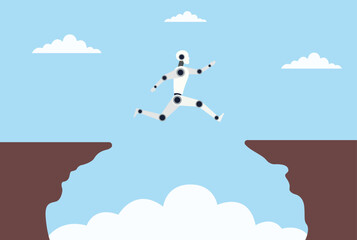 Vector illustration of a robot jumping from one mountain peak to another, representing AI’s bold strides and ability to overcome challenges in the quest for progress and innovation  © Sohag sarkar