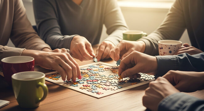 Connecting People Together Assembled Jigsaw Puzzle With Coffee Beverages
