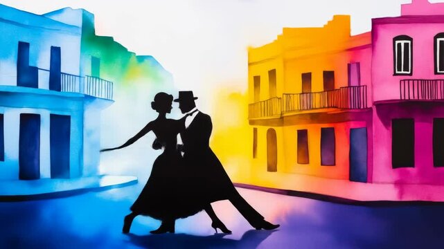 Romantic Couple Dancing in Colorful Cityscape - A watercolor painting depicts a silhouetted couple elegantly dancing in a tango embrace, set against a vibrant backdrop of colorful buildings in a