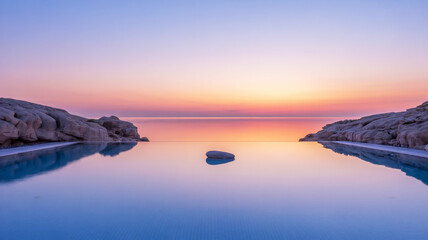 Infinity pool reflects serene sunset over calm ocean between rocky shores
