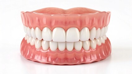 Obraz premium A detailed close-up of a complete set of human teeth and gums, ideal for illustrating dental aesthetics, hygiene, and anatomical studies. The uniform color and realistic texture emphasize health