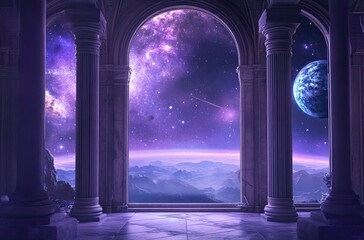 Ancient columns frame a breathtaking view of a vibrant, otherworldly landscape.  Vast purple galaxies and a distant planet fill the arched openings of an ancient, stone structure