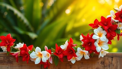 Indonesian Independence Day red white floral garland rustic wood tropical foliage
