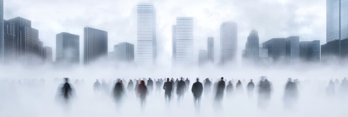 Urban crowd walking through foggy cityscape at twilight