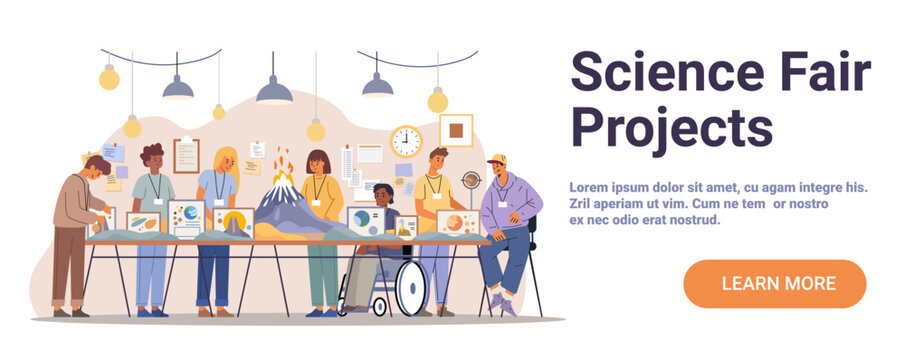 Science fair students presenting experiments teamwork diverse group showcasing volcano solar system biology models classroom background project display