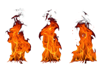 Five ultra-realistic fire flames, brilliant orange & yellow hues with red bases and white cores, varying shapes and intensity, with ascending light grey smoke and scattering red-orange embers,