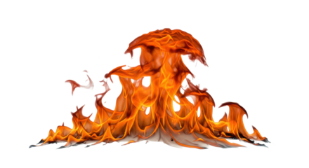 A singular, ultra-realistic wave of vibrant orange and yellow fire with dynamic upward movement, subtle grey smoke, and glowing embers, isolated against a transparent background with no shadows,