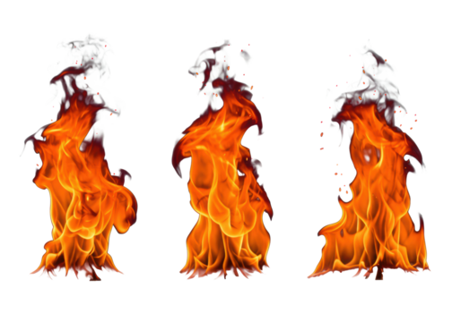 Five ultra-realistic fire flames, brilliant orange & yellow hues with red bases and white cores, varying shapes and intensity, with ascending light grey smoke and scattering red-orange embers, - Powered by Adobe