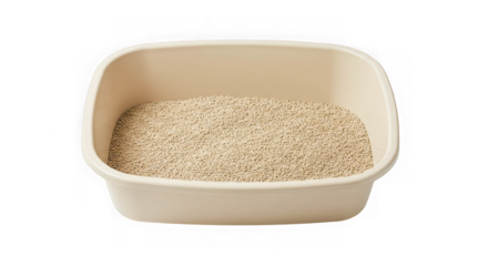 Beige cat litter box filled with light brown cat litter isolated on transparent background