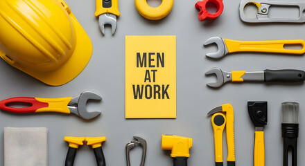 Construction tools surrounding a sign indicating men at work create an occupational scene