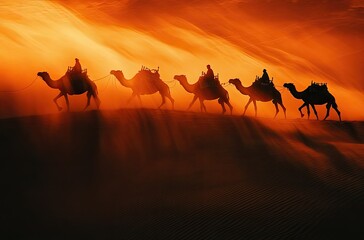 Camel caravan in desert sunset