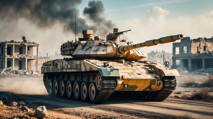 Heavy tank advances through war-torn urban landscape with smoke in background