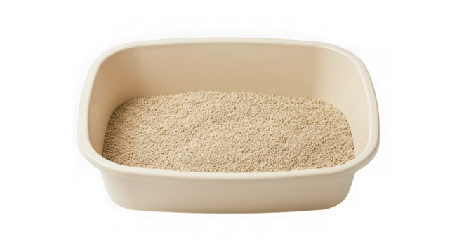 Beige cat litter box filled with light brown cat litter isolated on transparent background
