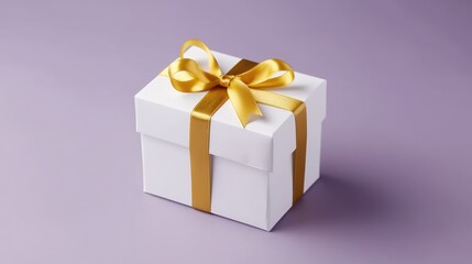 Obraz premium gift box with the golden ribbon bow on the orange and purple color background 