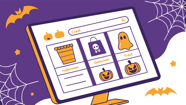 Computer screen displaying halloween themed search results with bats and spiderwebs on a purple background