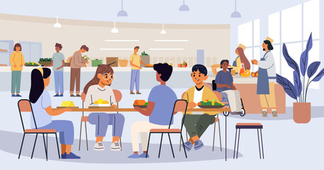 School cafeteria students eating lunch diverse kids sitting at tables serving food staff modern interior bright colors back to school theme
