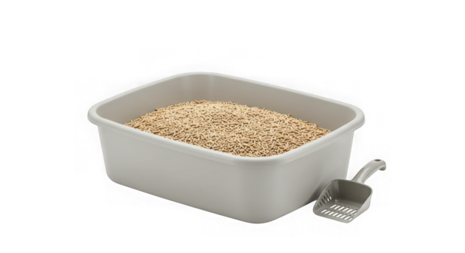 Light gray cat litter box filled with pellets and a scoop isolated on transparent background
