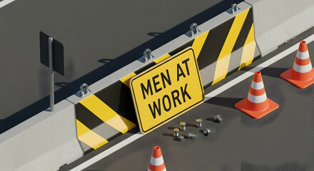 Construction zone with a caution sign, traffic cones, and barriers near road work area