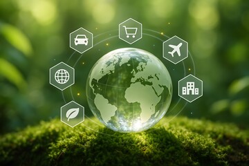 Glass globe on green moss in forest surrounded by icons of transportation shopping buildings and sustainability concepts