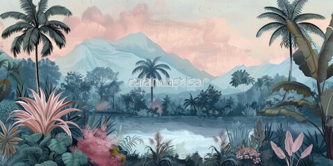 Wallpaper serene tropical landscape painting in pastel tones	