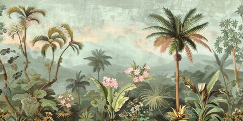 Wallpaper serene tropical landscape painting in pastel tones	