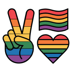 Vector art of a rainbow peace sign, heart, and flag isolated on white background