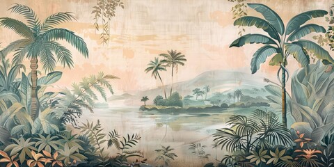 Naklejka premium Wallpaper serene tropical landscape painting in pastel tones 