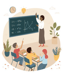  Teacher Explaining Math on Blackboard in Classroom – Colorful Vector Illustration of Students Learning