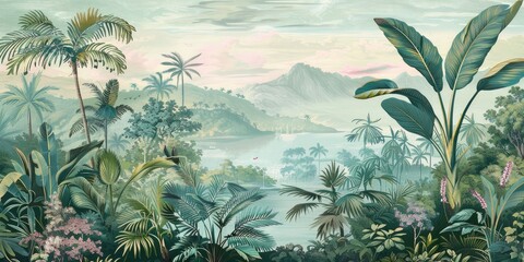 Wallpaper serene tropical landscape painting in pastel tones	
