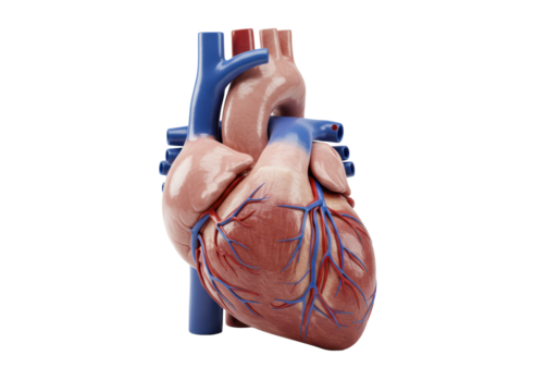 Highly detailed 3D rendering of an anatomically accurate human heart with intricate red and blue vascular networks, lifelike musculature, isolated on a pristine transparent studio background, concept