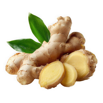 Fresh ginger root with slices and green leaves isolated on transparent background